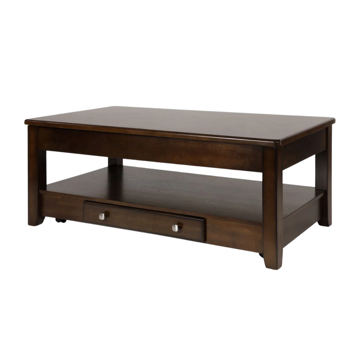 Ballwin Contemporary Lift-Top Cocktail Table – Dark Cherry Finish with Hidden Storage, Drawer, and Casters