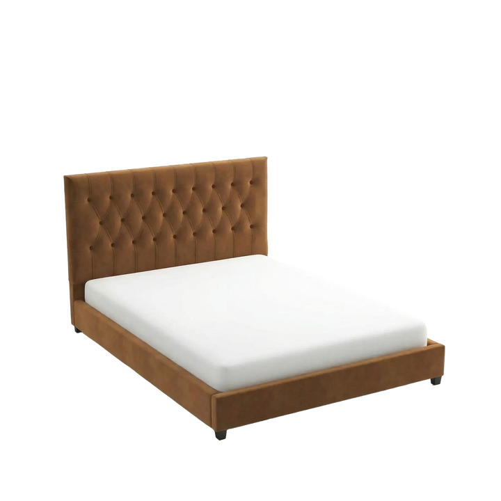 Donald Mid Century Modern Cognac Velvet Platform Bed Queen