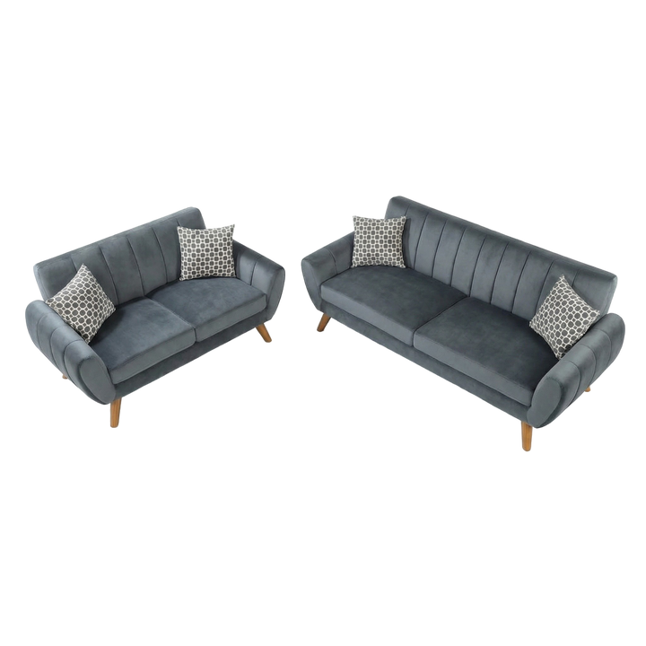 Dark Gray Velvet 2-Piece Sofa & Loveseat Set with Plush Cushions | Trufairs