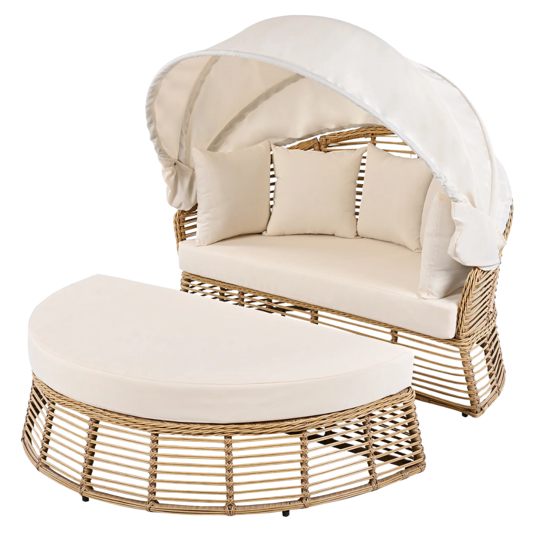 Outdoor Round Daybed with Retractable Canopy & Removable Cushions – Wicker Patio Sofa | Trufairs