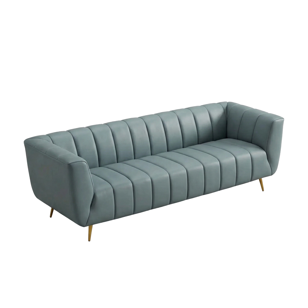 LaMattina Genuine Italian Blue Leather Channel Tufted Sofa