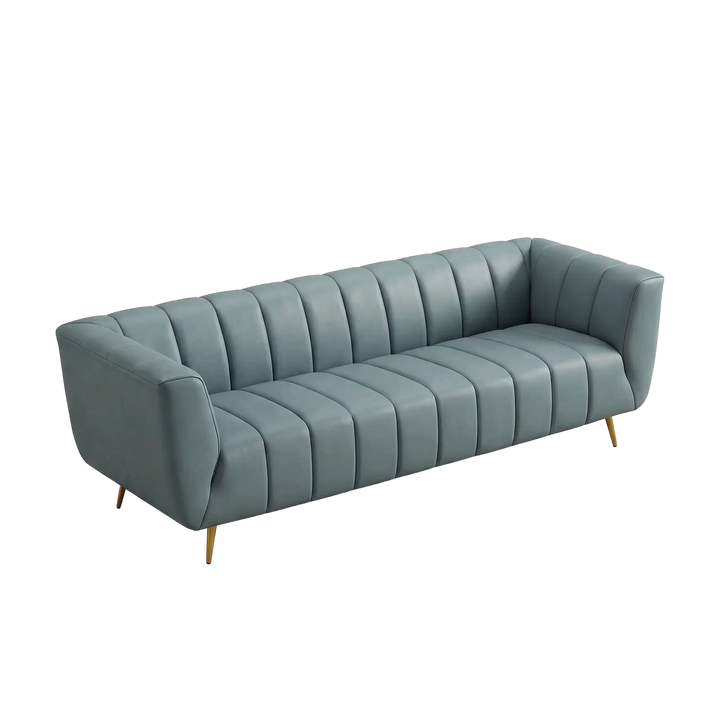 LaMattina Genuine Italian Blue Leather Channel Tufted Sofa