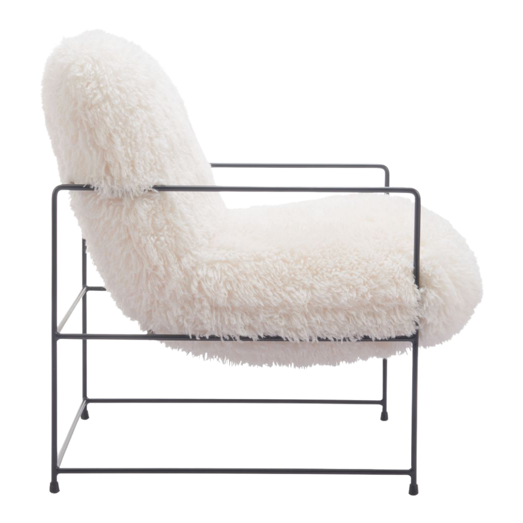 Plush Accent Chair – White Faux Fur Upholstery & Black Steel Legs | Living Room Furniture | Trufairs