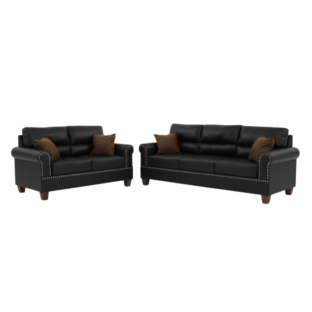 Black Bonded Leather 2-Piece Sofa & Loveseat Set – Modern Living Room Furniture | Trufairs