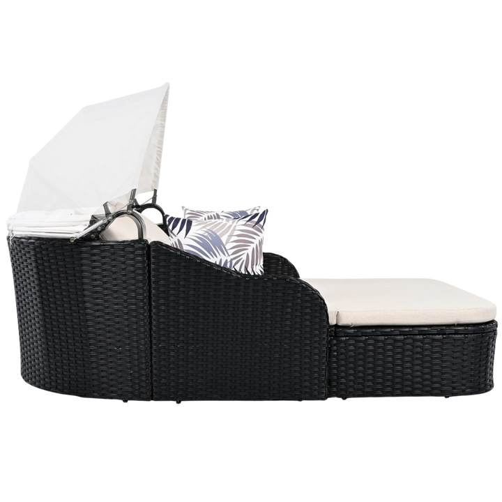 Luxe 48" Black Rattan Patio Daybed with Adjustable Canopy & Toss Pillows  