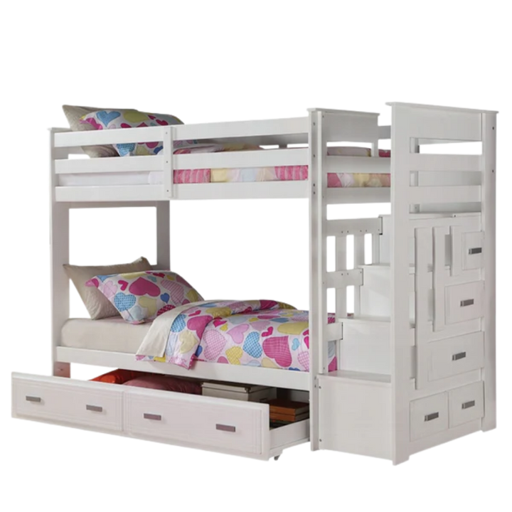 97" X 43" X 68" Twin Over Twin White Storage Ladder And Trundle  Bunk Bed