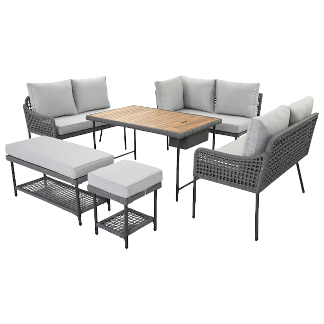 Premium K&K 6-Piece Rope Patio Furniture L-Shaped Set - Outdoor Sectional Sofa Set with Acacia Wood Table, Ice Box, Rope Benches, and Deep Seating Cushions (Grey)