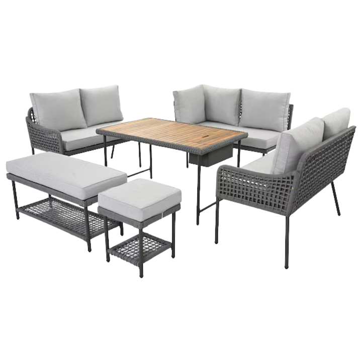 Premium K&K 6-Piece Rope Patio Furniture L-Shaped Set - Outdoor Sectional Sofa Set with Acacia Wood Table, Ice Box, Rope Benches, and Deep Seating Cushions (Grey)