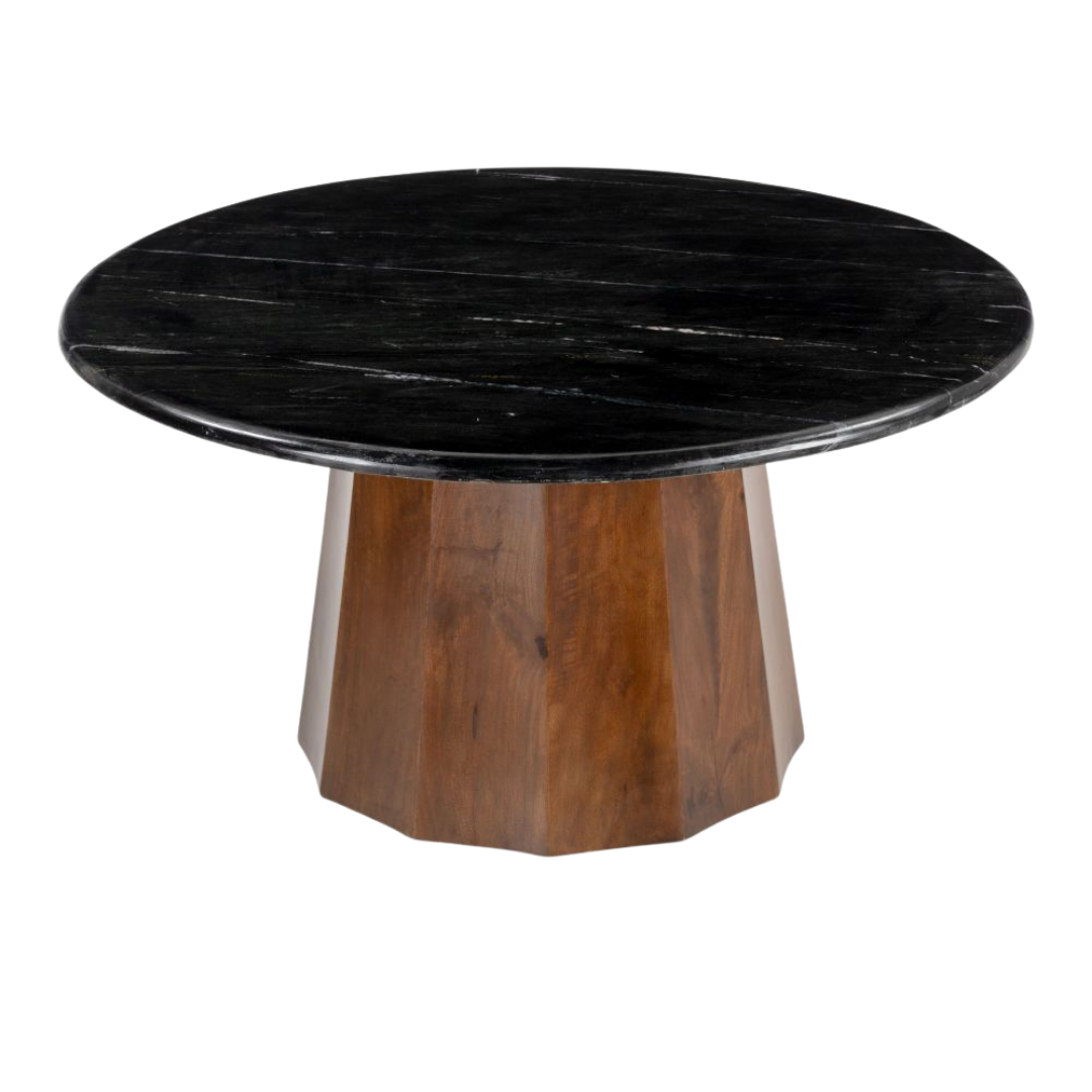 Modern Round Coffee Table – Elegant Black Marble & Warm Wood | Living Room Furniture | Trufairs