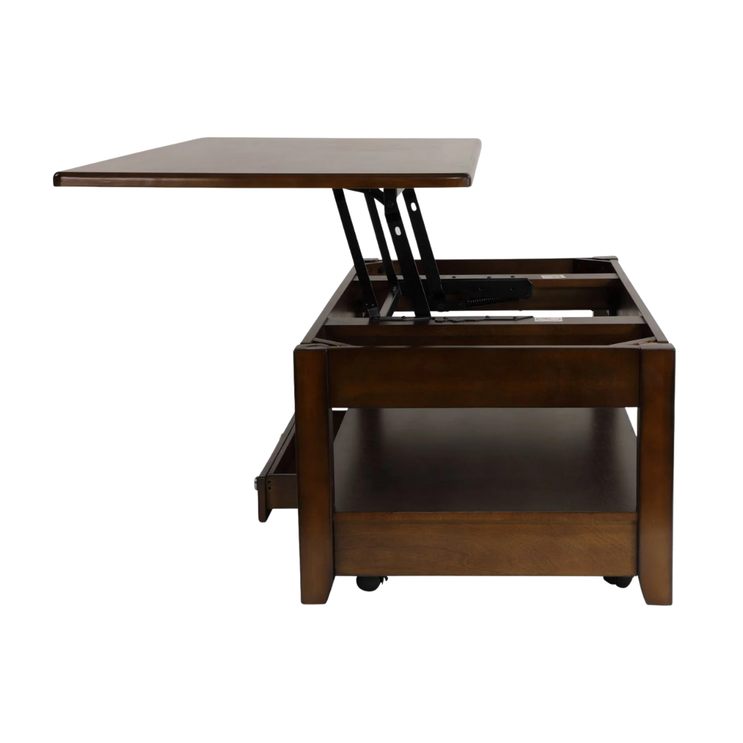 Ballwin Contemporary Lift-Top Cocktail Table – Dark Cherry Finish with Hidden Storage, Drawer, and Casters