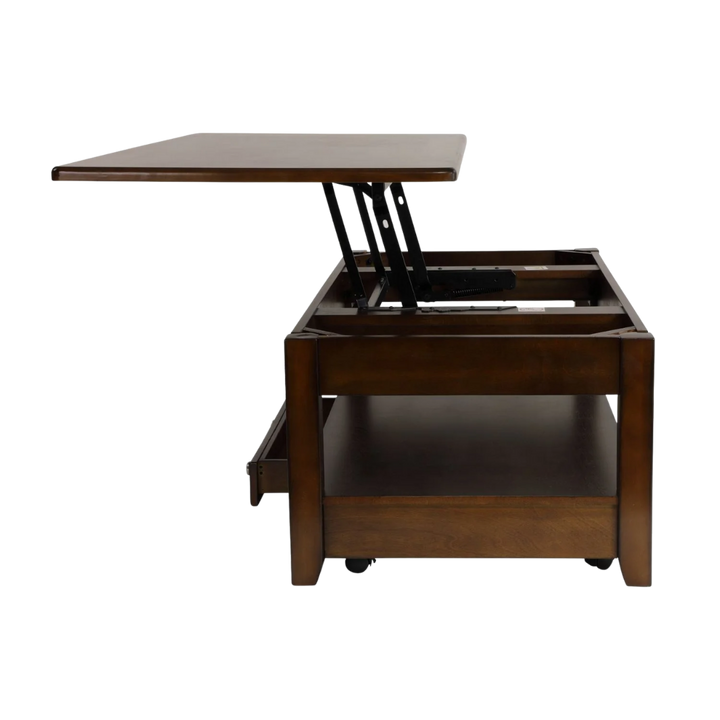 Ballwin Contemporary Lift-Top Cocktail Table – Dark Cherry Finish with Hidden Storage, Drawer, and Casters