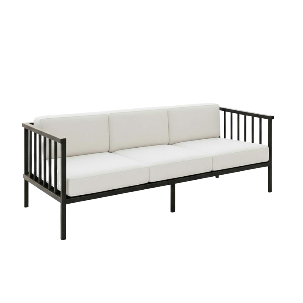 Modern Outdoor Iron Sofa Black - Norway 77"" Patio Furniture with Removable White Cushions & Commercial-Grade Durability