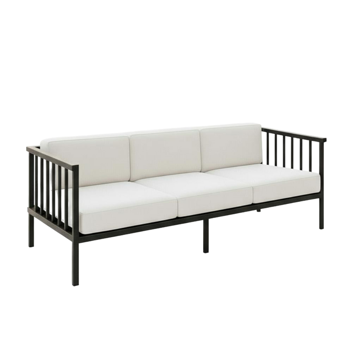 Modern Outdoor Iron Sofa Black - Norway 77"" Patio Furniture with Removable White Cushions & Commercial-Grade Durability