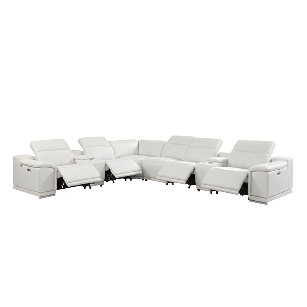 White Italian Leather Power Reclining U Shaped Eight Piece Corner Sectional With Console
