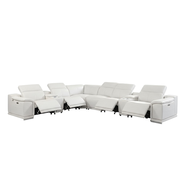 White Italian Leather Power Reclining U Shaped Eight Piece Corner Sectional With Console