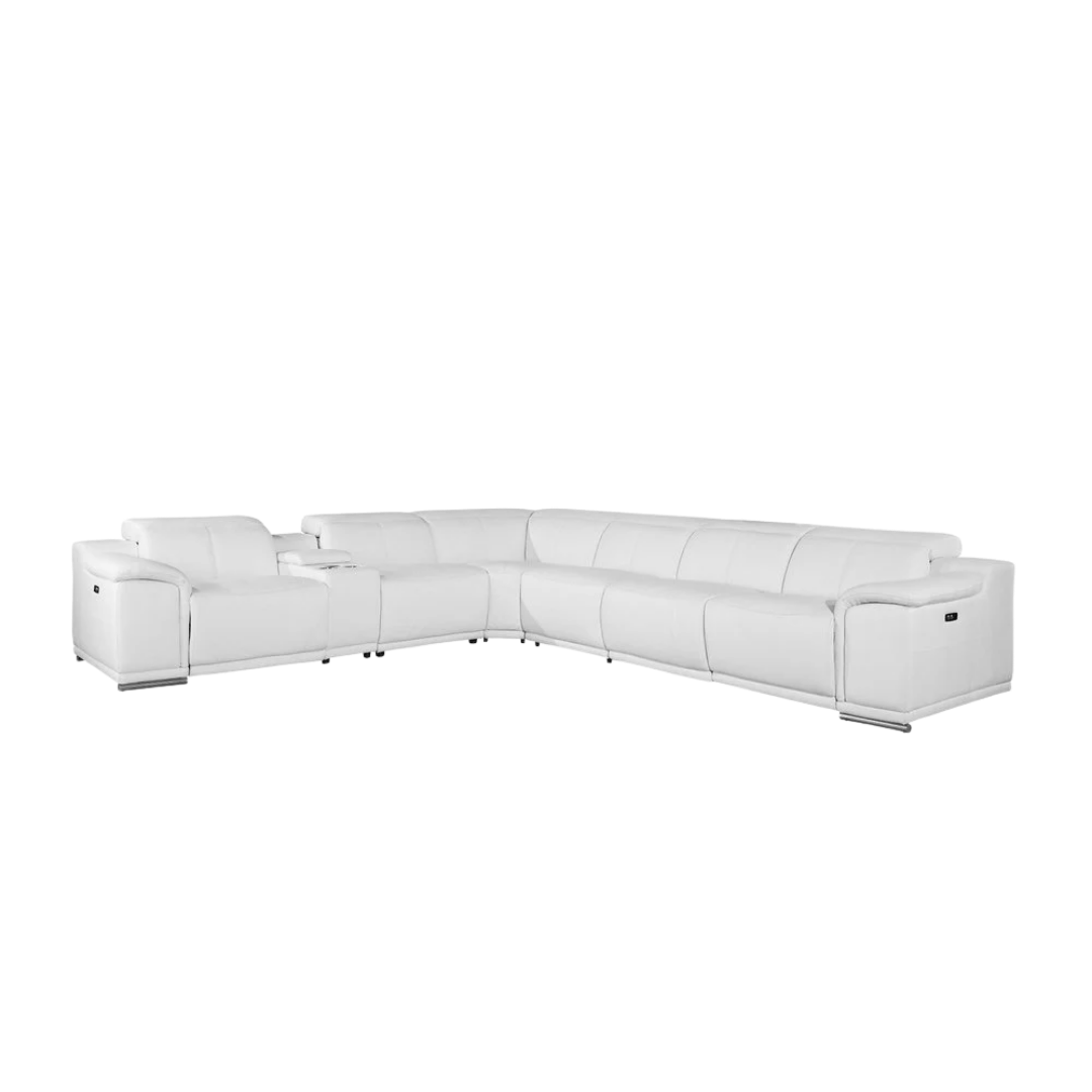 White Italian Leather Power Reclining U Shaped Seven Piece Corner Sectional With Console