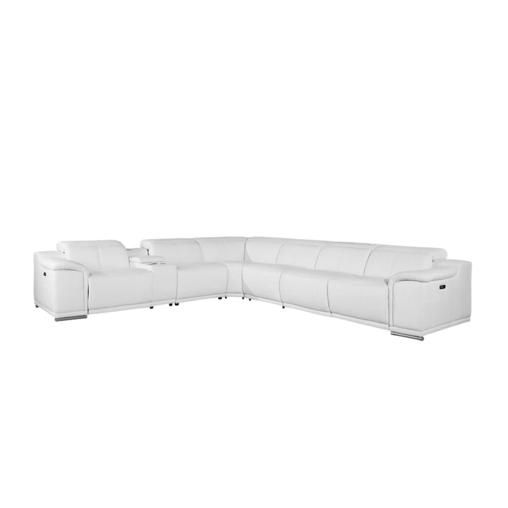 White Italian Leather Power Reclining U Shaped Seven Piece Corner Sectional With Console