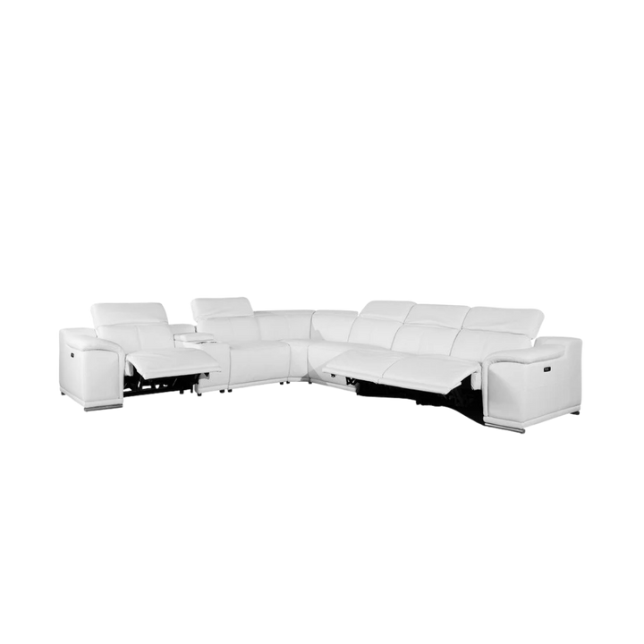 White Italian Leather Power Reclining U Shaped Seven Piece Corner Sectional With Console