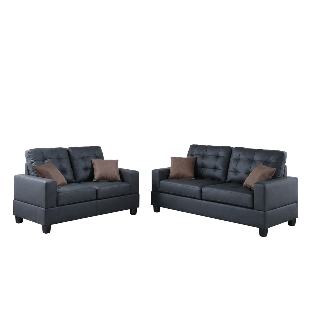 Black Tufted Faux Leather 2-Piece Sofa & Loveseat Set with Pillows | Trufairs