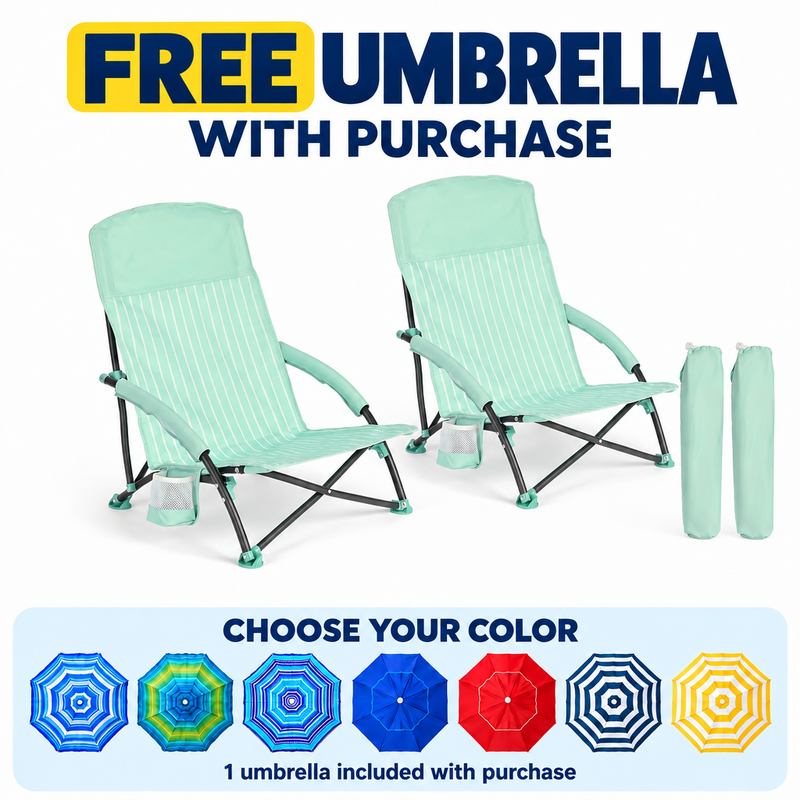 Folding Beach Chairs 2-Pack – Mesh Back with Cup Holders