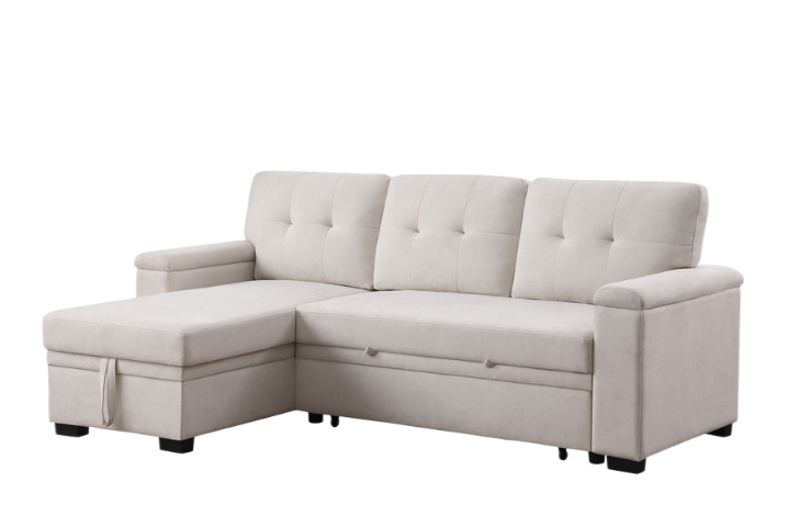 Premium Beige Woven Fabric Reversible Sleeper Sectional with Storage Chaise - Multi-Functional Living Room Furniture Set