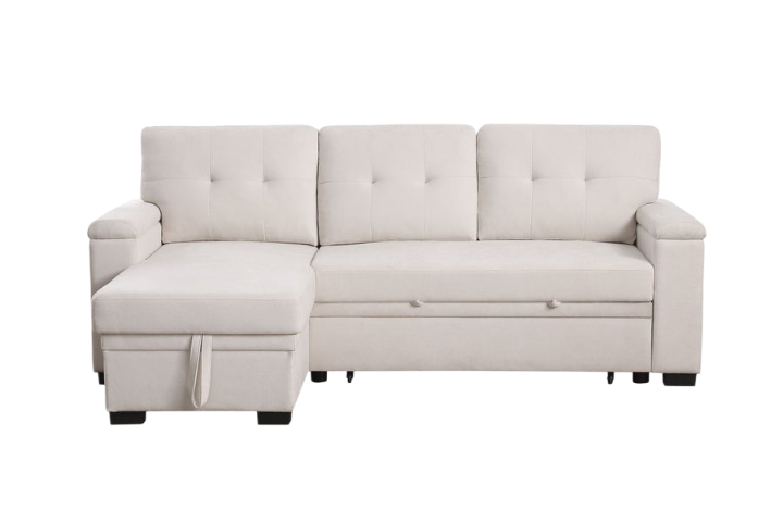 Premium Beige Woven Fabric Reversible Sleeper Sectional with Storage Chaise - Multi-Functional Living Room Furniture Set