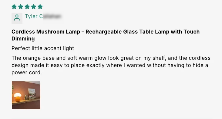 Cordless Mushroom Lamp – Rechargeable Glass Table Lamp with Touch Dimming customer review screenshot 1