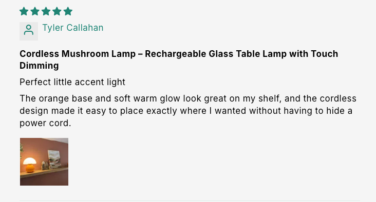 Cordless Mushroom Lamp – Rechargeable Glass Table Lamp with Touch Dimming customer review screenshot 1