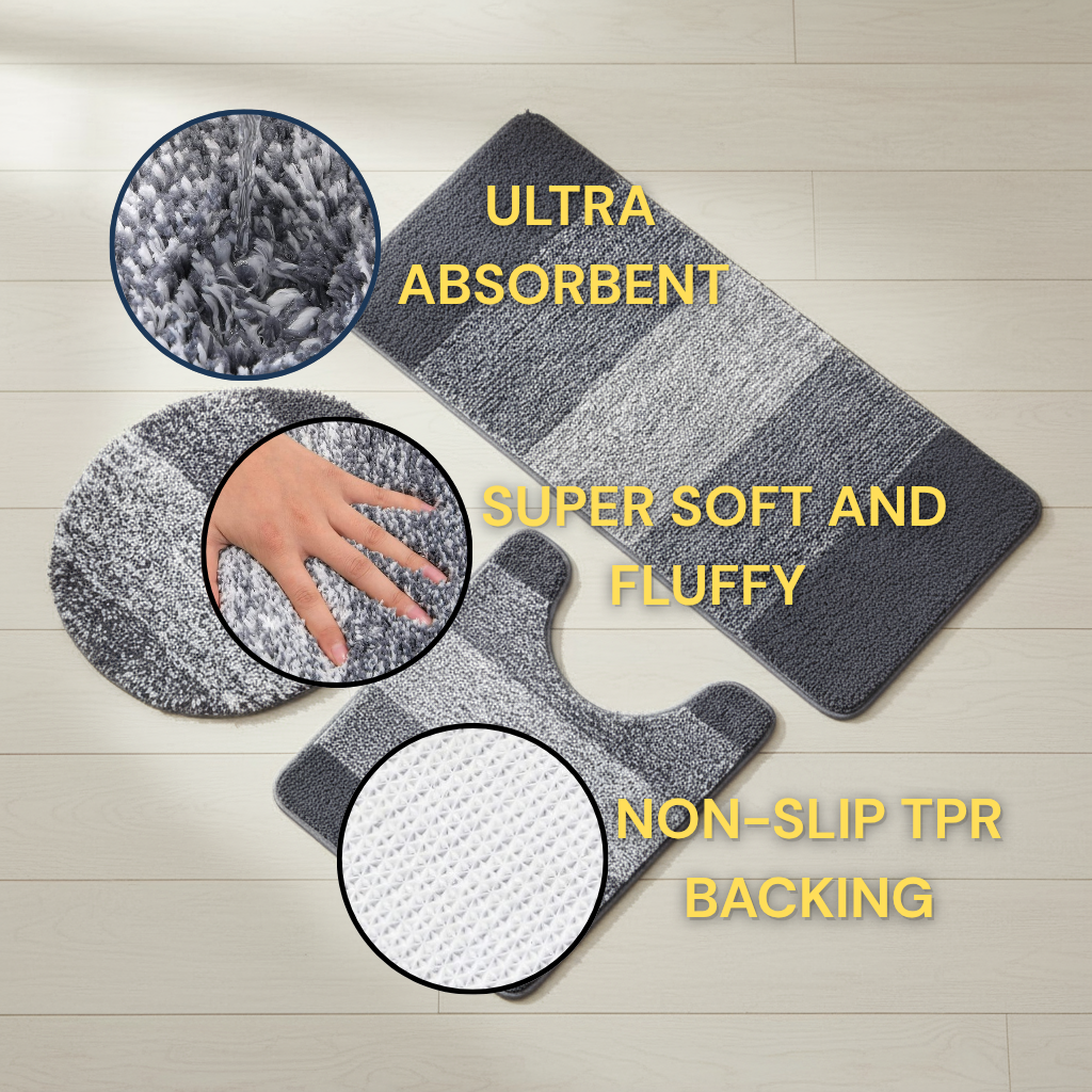 Traditional 4 Piece Microfiber Washable Bathroom Rug Set, Grey