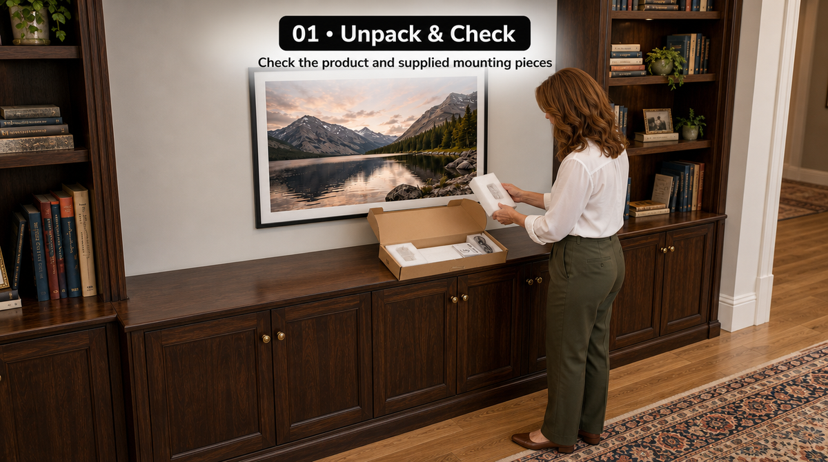 “Step 1: Unpack the picture light and check the supplied mounting pieces against the instructions.”