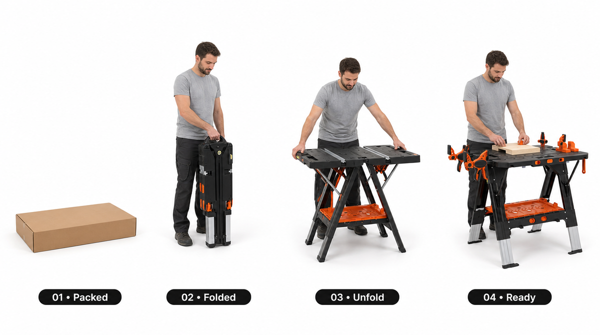 “Portable folding workbench shown boxed, folded for carrying, unfolded, and ready with clamps and a wooden workpiece.”
