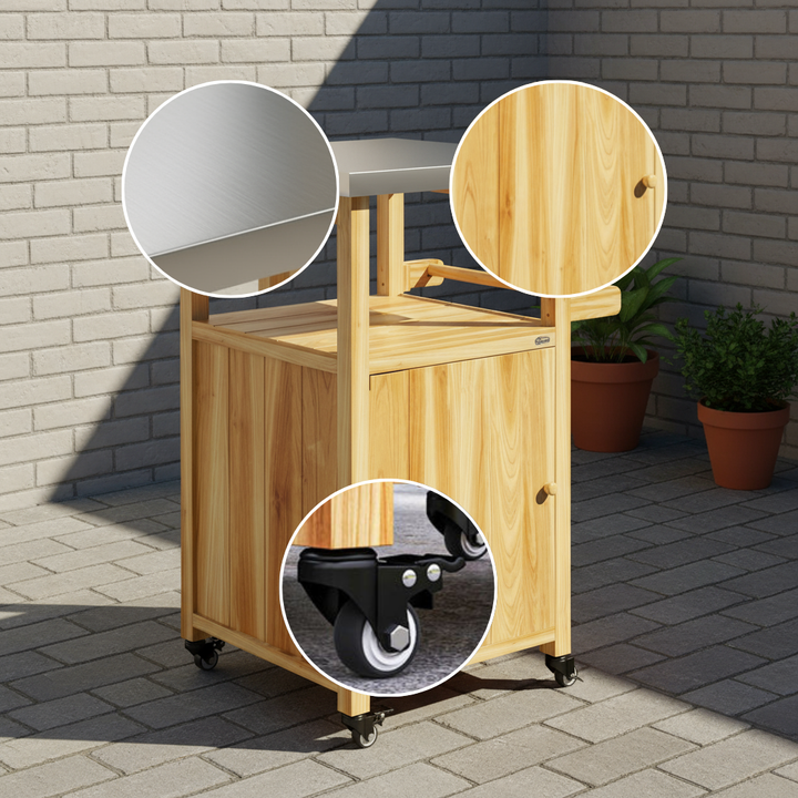 Outsunny Outdoor Grill Cart w/ Stainless Steel Top, Solid Wood Outdoor Kitchen Island w/ Wheels, Integrated Hole, Natural Wood