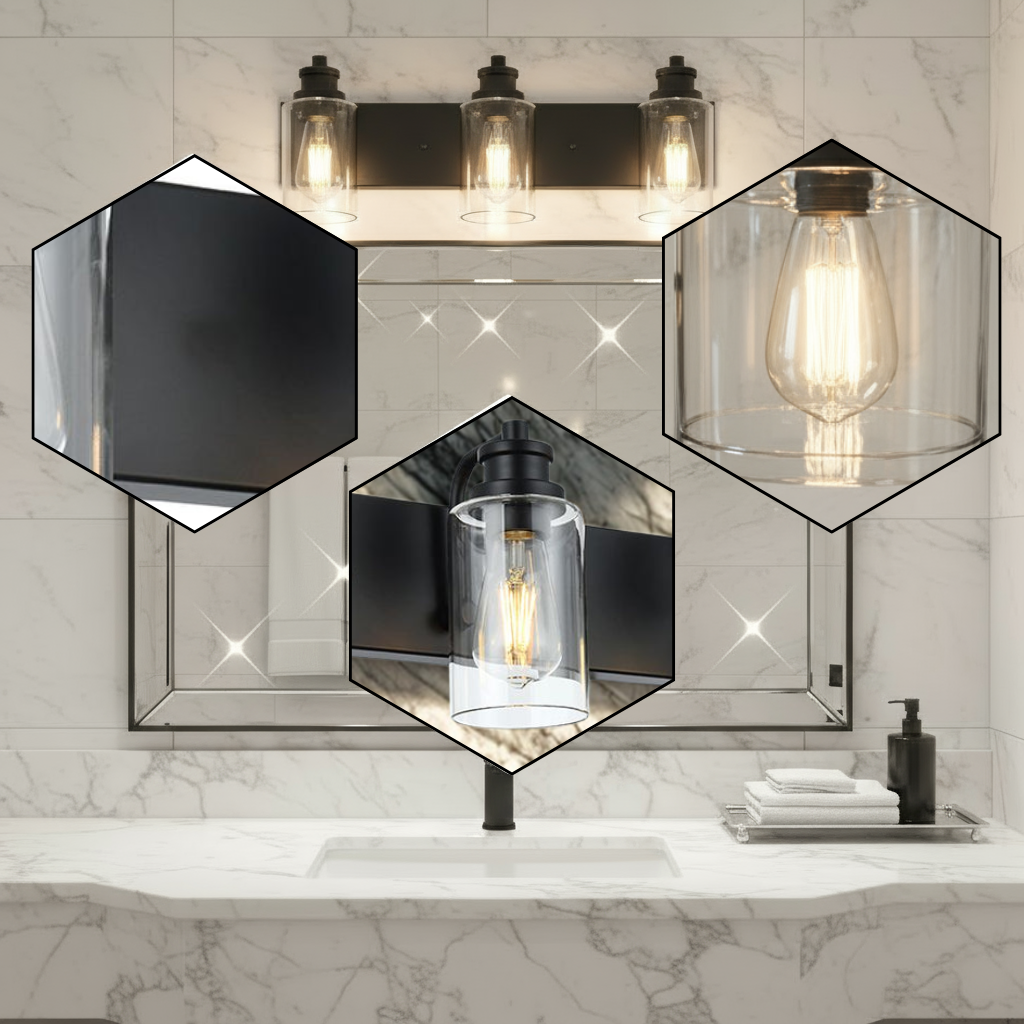 3-Lights Black Vanity Light Fixtures Over Mirror with Clear Glass Shade,Industrial Wall Mount Lamp Metal Bathroom Lighting