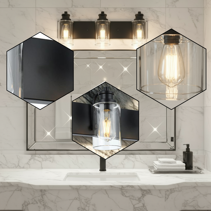 3-Lights Black Vanity Light Fixtures Over Mirror with Clear Glass Shade,Industrial Wall Mount Lamp Metal Bathroom Lighting
