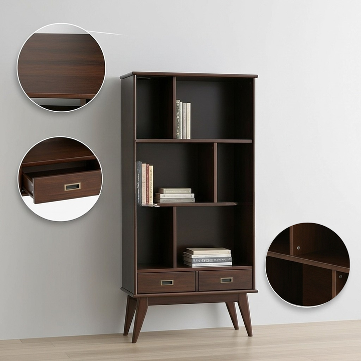 Draper - Mid Century Wide Bookcase and Storage Unit - Medium Auburn Brown