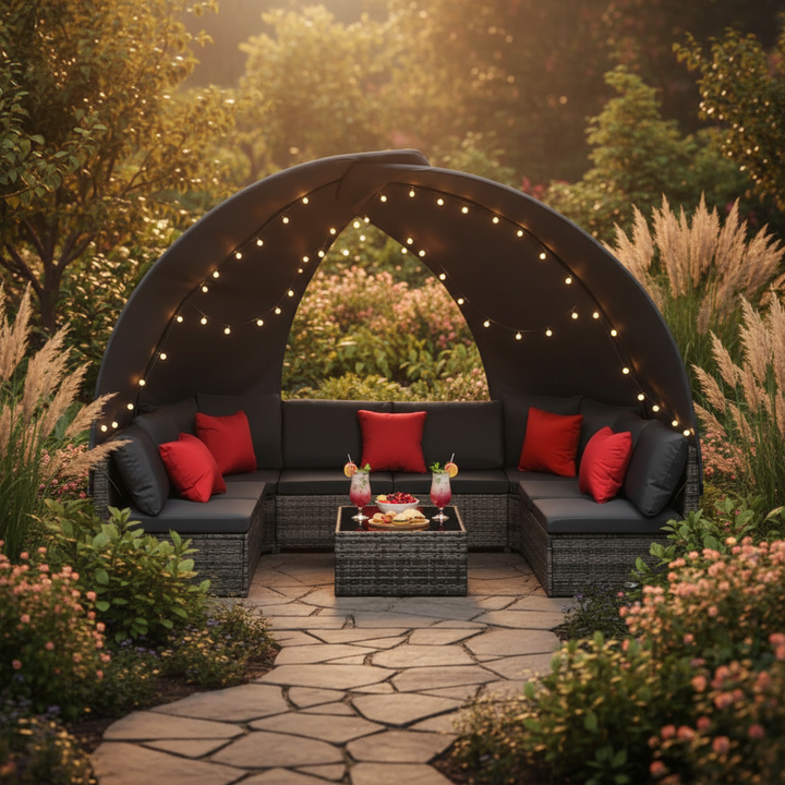 9 Piece Patio Lounge Set with Canopy Poly Rattan Anthracite