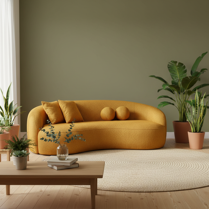 Drake Japandi Style Curvy Boucle Sofa Yellow