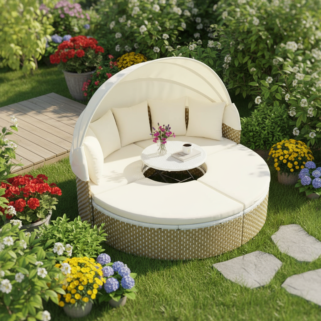 TOPMAX Patio Furniture Round Outdoor Sectional Sofa Set Rattan Daybed Two-Tone Weave Sunbed with Retractable Canopy, Separate Seating and Removable Cushion, Beige