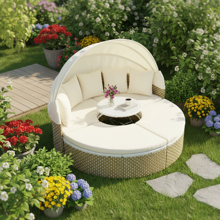 TOPMAX Patio Furniture Round Outdoor Sectional Sofa Set Rattan Daybed Two-Tone Weave Sunbed with Retractable Canopy, Separate Seating and Removable Cushion, Beige
