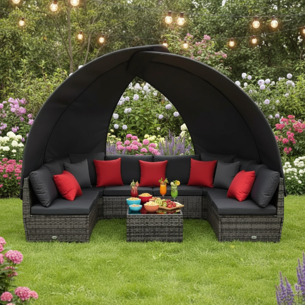 9 Piece Patio Lounge Set with Canopy Poly Rattan Anthracite