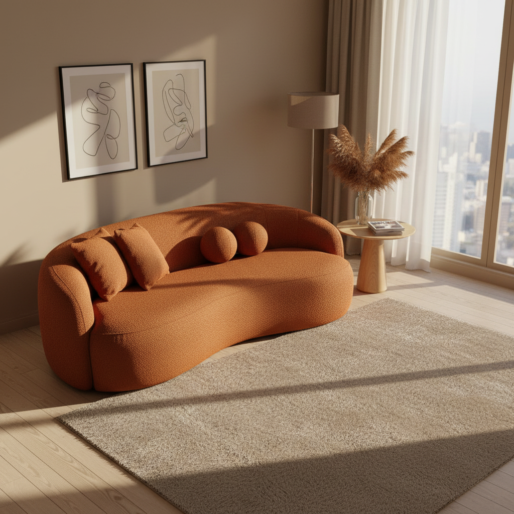Drake Japandi Style Curvy Boucle Sofa Orange
