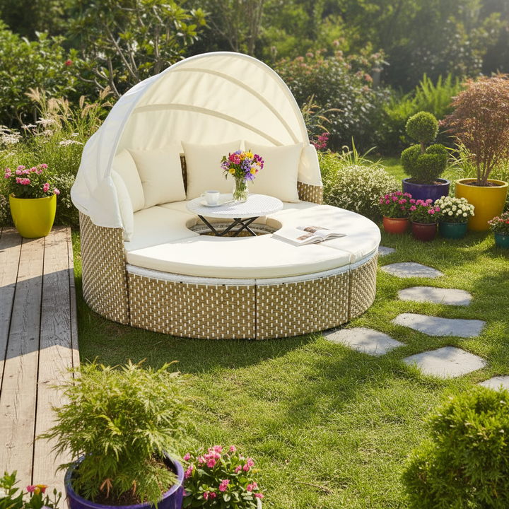 TOPMAX Patio Furniture Round Outdoor Sectional Sofa Set Rattan Daybed Two-Tone Weave Sunbed with Retractable Canopy, Separate Seating and Removable Cushion, Beige