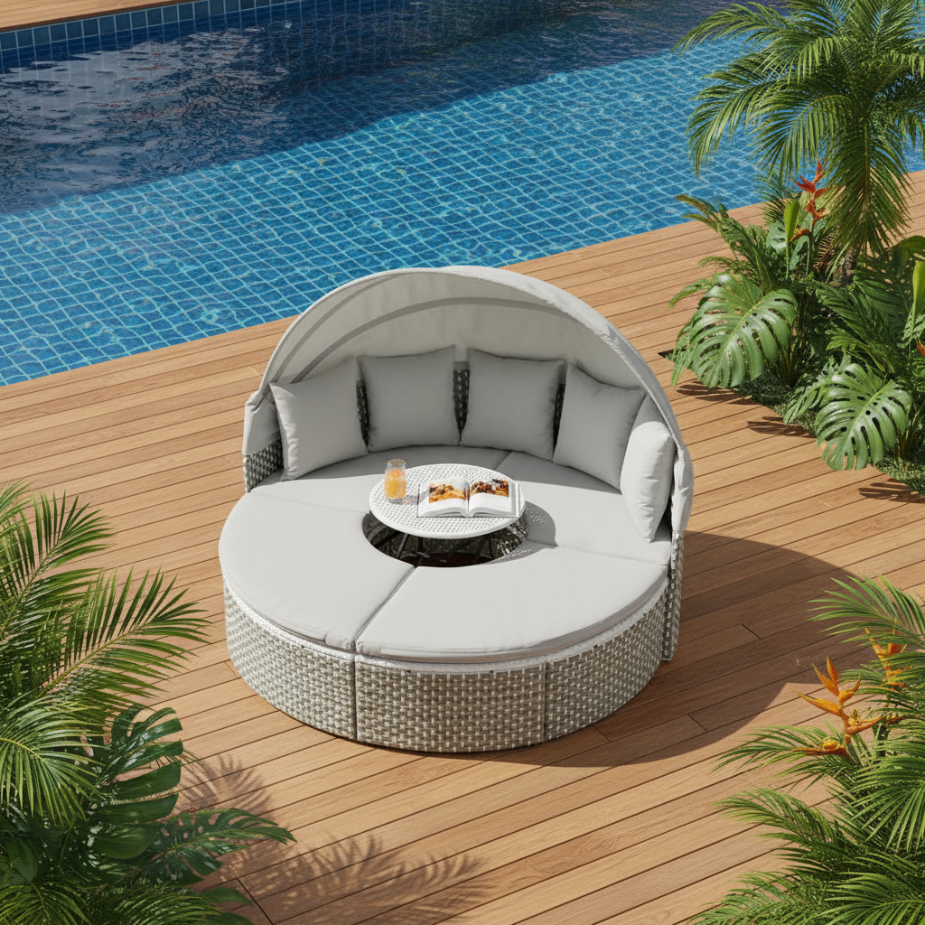 TOPMAX Patio Furniture Round Outdoor Sectional Sofa Set Rattan Daybed Two-Tone Weave Sunbed with Retractable Canopy, Separate Seating and Removable Cushion, Gray