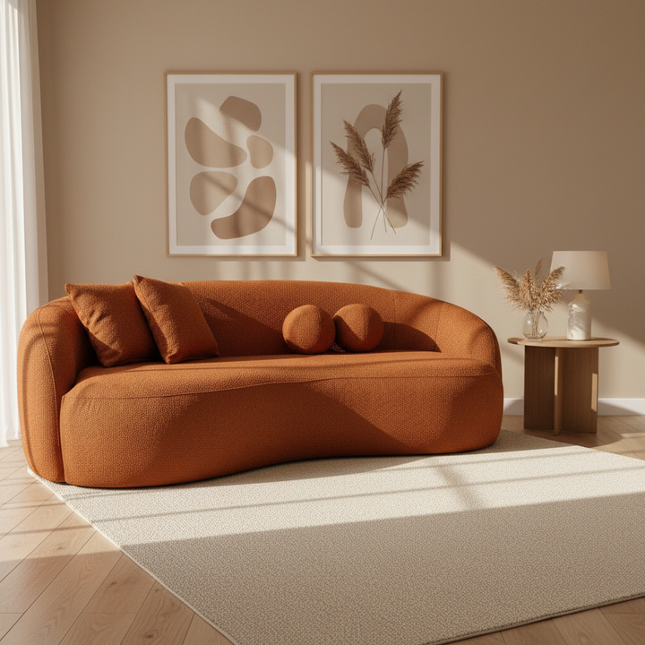 Drake Japandi Style Curvy Boucle Sofa Orange