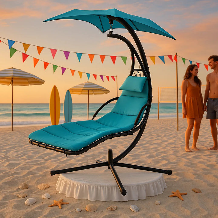 Outdoor Hanging Chaise Swing Blue - Lounger Chair with UV Canopy, Cushion & Stand for Garden Porch Comfort