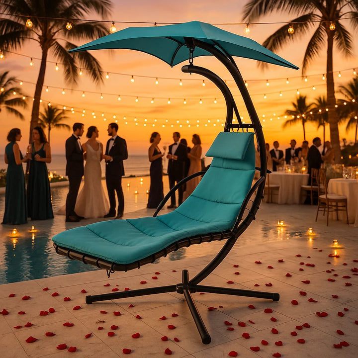 Outdoor Hanging Chaise Swing Blue - Lounger Chair with UV Canopy, Cushion & Stand for Garden Porch Comfort