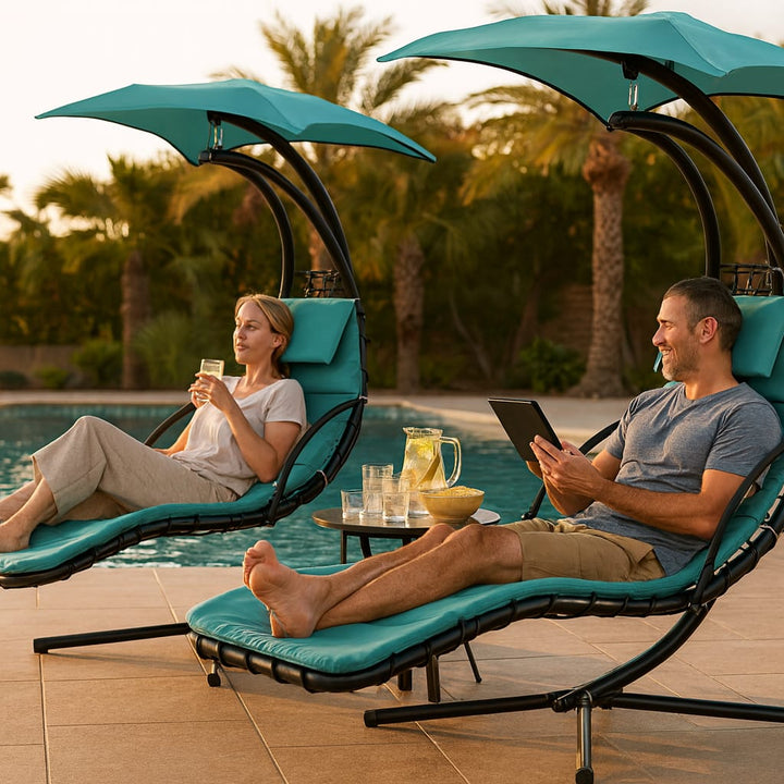 Outdoor Hanging Chaise Swing Blue - Lounger Chair with UV Canopy, Cushion & Stand for Garden Porch Comfort