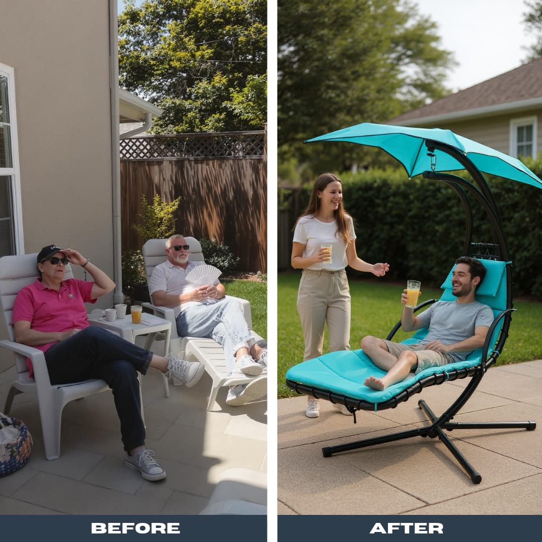 Outdoor Hanging Chaise Swing Blue - Lounger Chair with UV Canopy, Cushion & Stand for Garden Porch Comfort