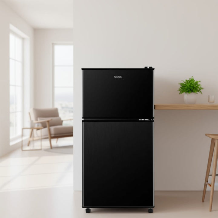 KRIB BLING 3.5Cu.Ft Compact Refrigerator Mini Fridge with Freezer, Small Refrigerator with 2 Door, 7 Level Thermostat Removable Shelves for Kitchen, Dorm, Apartment, Bar, Office, Silver/Black/Blue