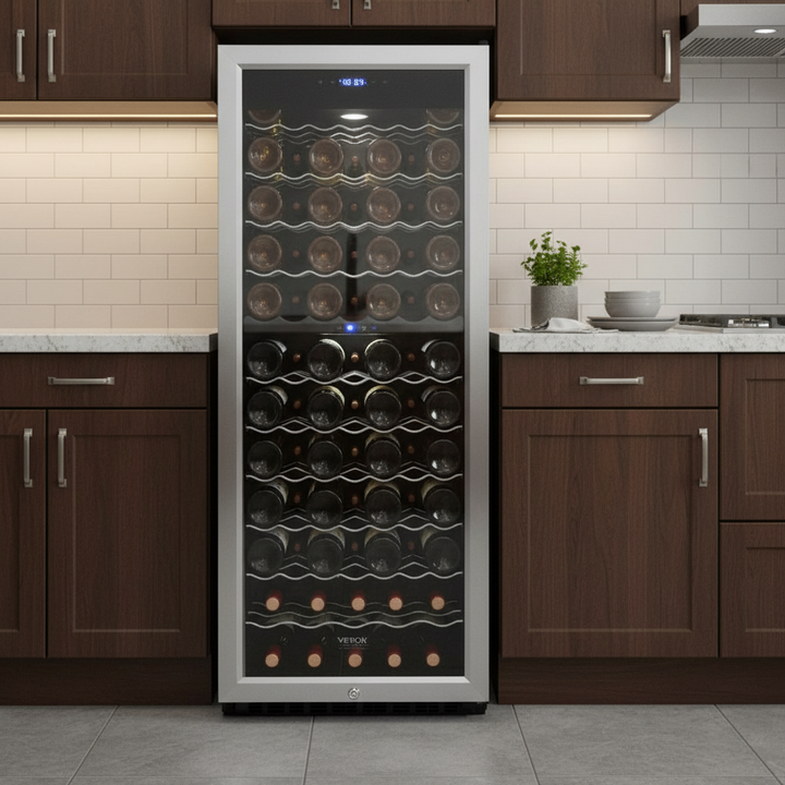 VEVOR 80-Bottle Wine Cooler, Dual Zone & Dual Temperature Wine Fridge, Freestanding Refrigerator with Circulating Air-cooling and Digital Control, Mirrored Glass Door with UV Protection, for Home Bar